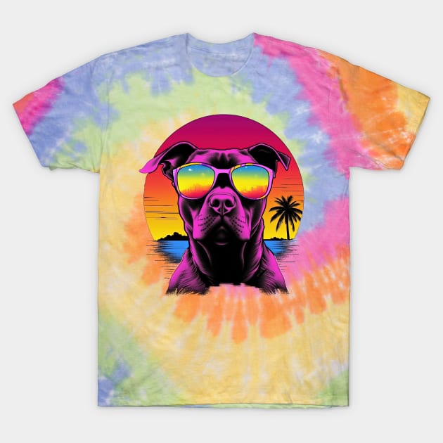 Retro Pop art Pitbull Dog Breed Sunset Art T-Shirt by RuftupDesigns